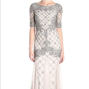 Adrian Papell Fully Beaded Godet Gown with Sheer Sleeves
